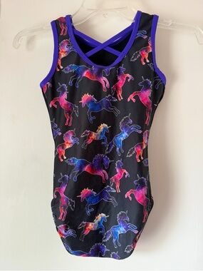 Girls' Black Unicorn Print Plum Practicewear Leotard Purple Trim